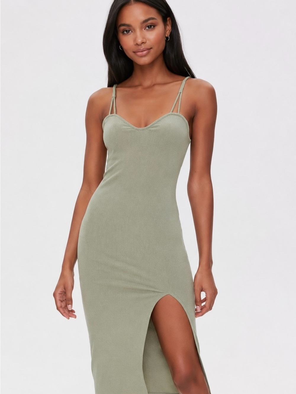 Forever 21 Sage Green Ribbed Bodycon Midi Dress Front Slit Size S
